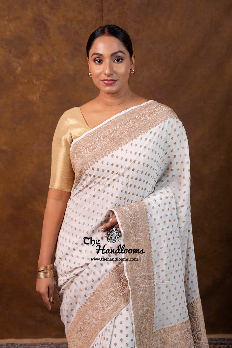White Pure Khaddi Georgette Handloom Banarasi Saree - Antique Zari