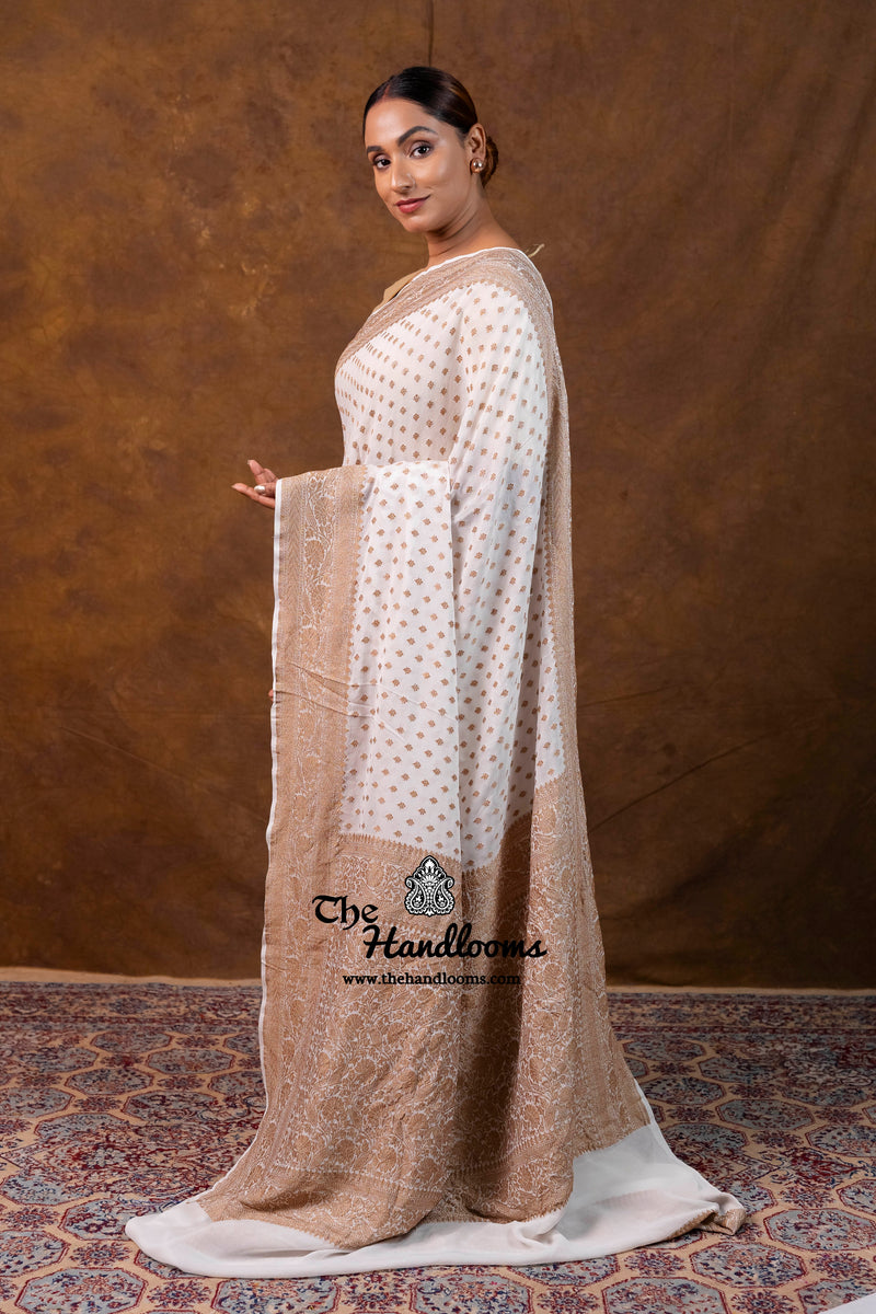 White Pure Khaddi Georgette Handloom Banarasi Saree - Antique Zari
