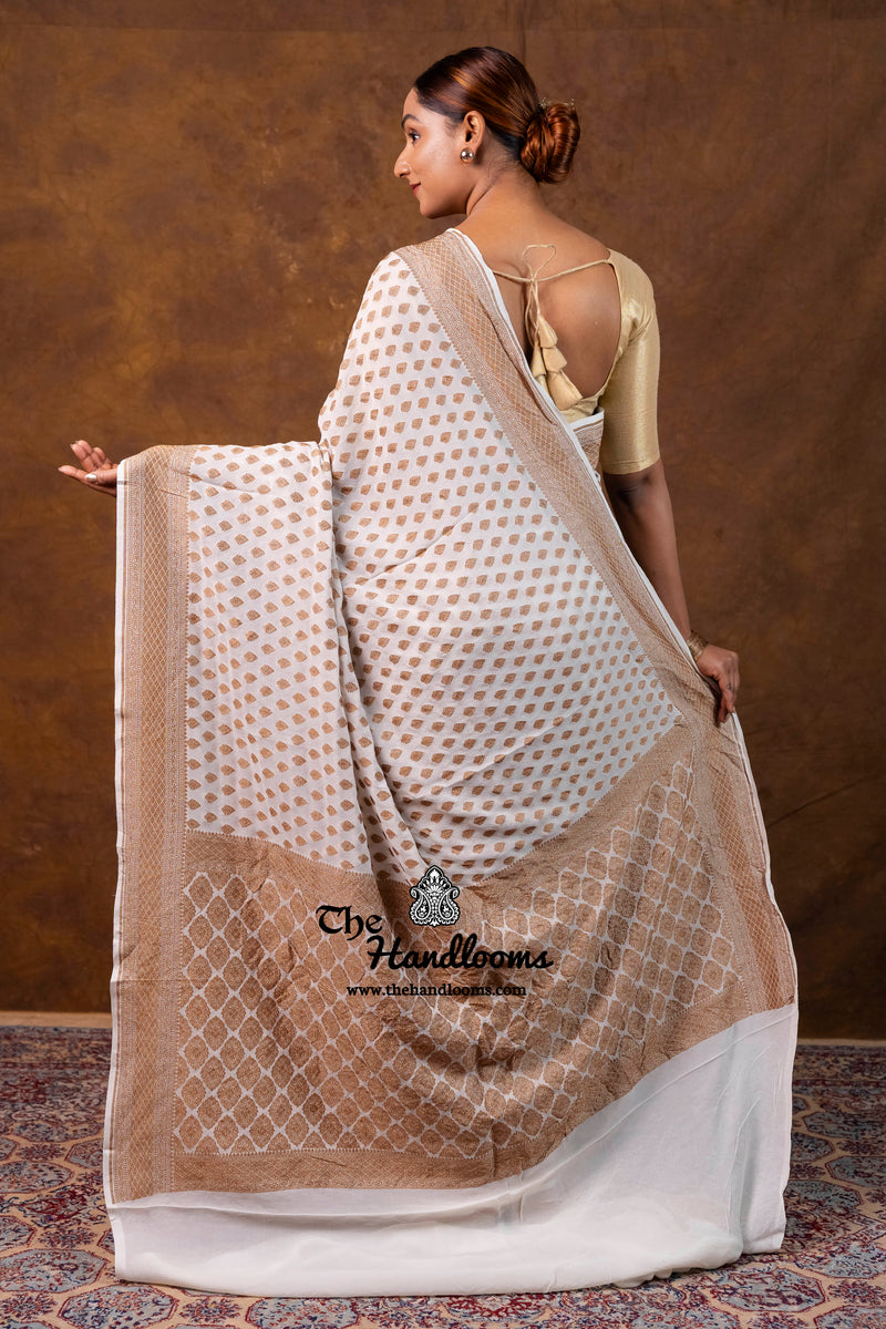 White Pure Khaddi Georgette Handloom Banarasi Saree - Antique Zari