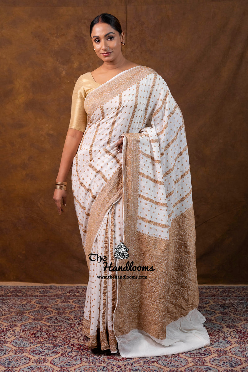 White Pure Khaddi Georgette Handloom Banarasi Saree - Antique Zari