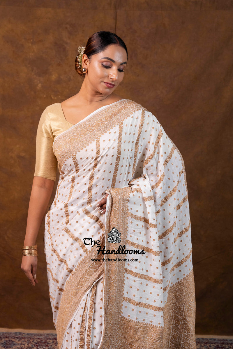 White Pure Khaddi Georgette Handloom Banarasi Saree - Antique Zari