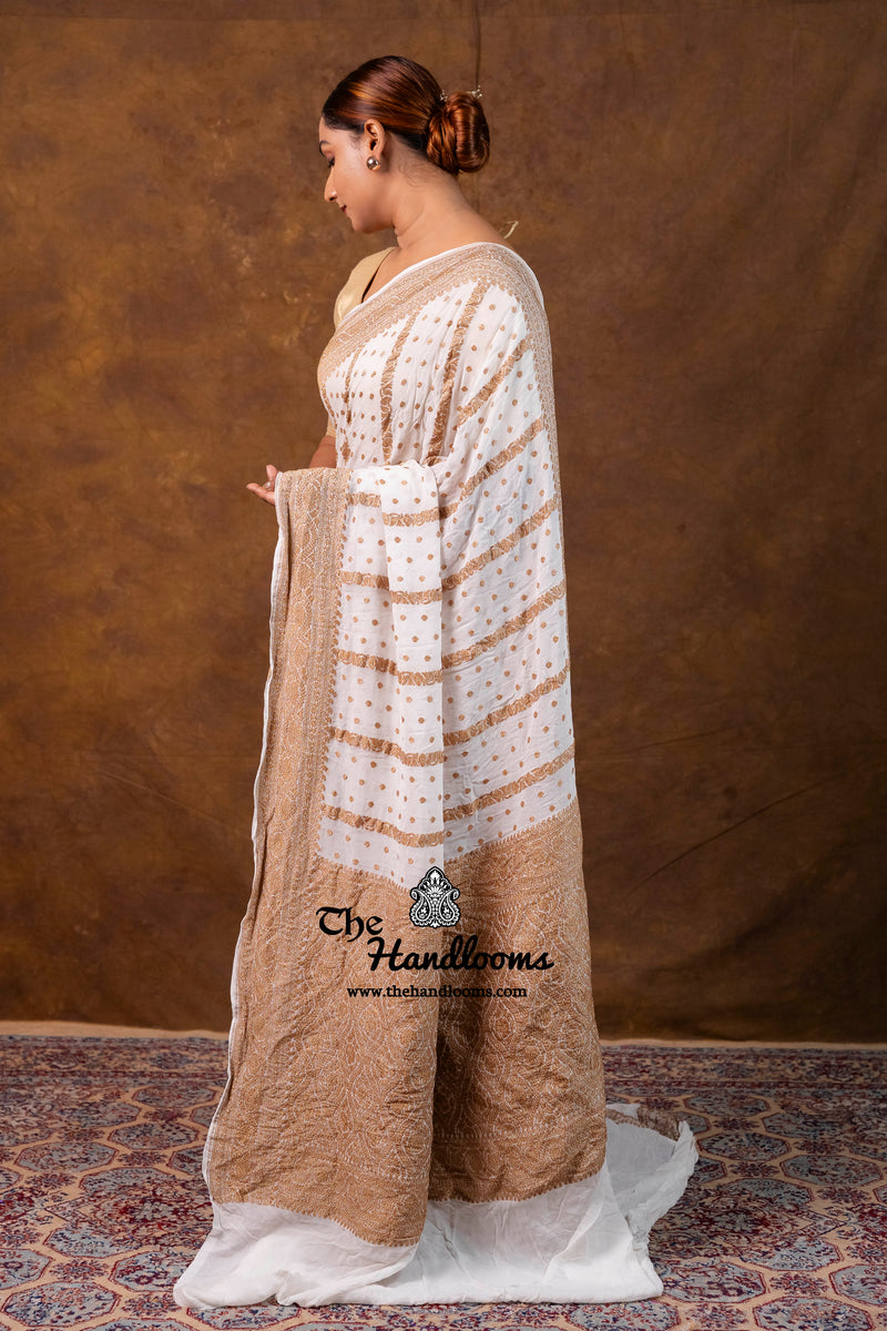 White Pure Khaddi Georgette Handloom Banarasi Saree - Antique Zari