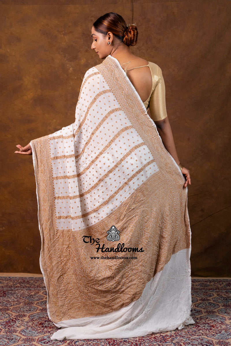 White Pure Khaddi Georgette Handloom Banarasi Saree - Antique Zari