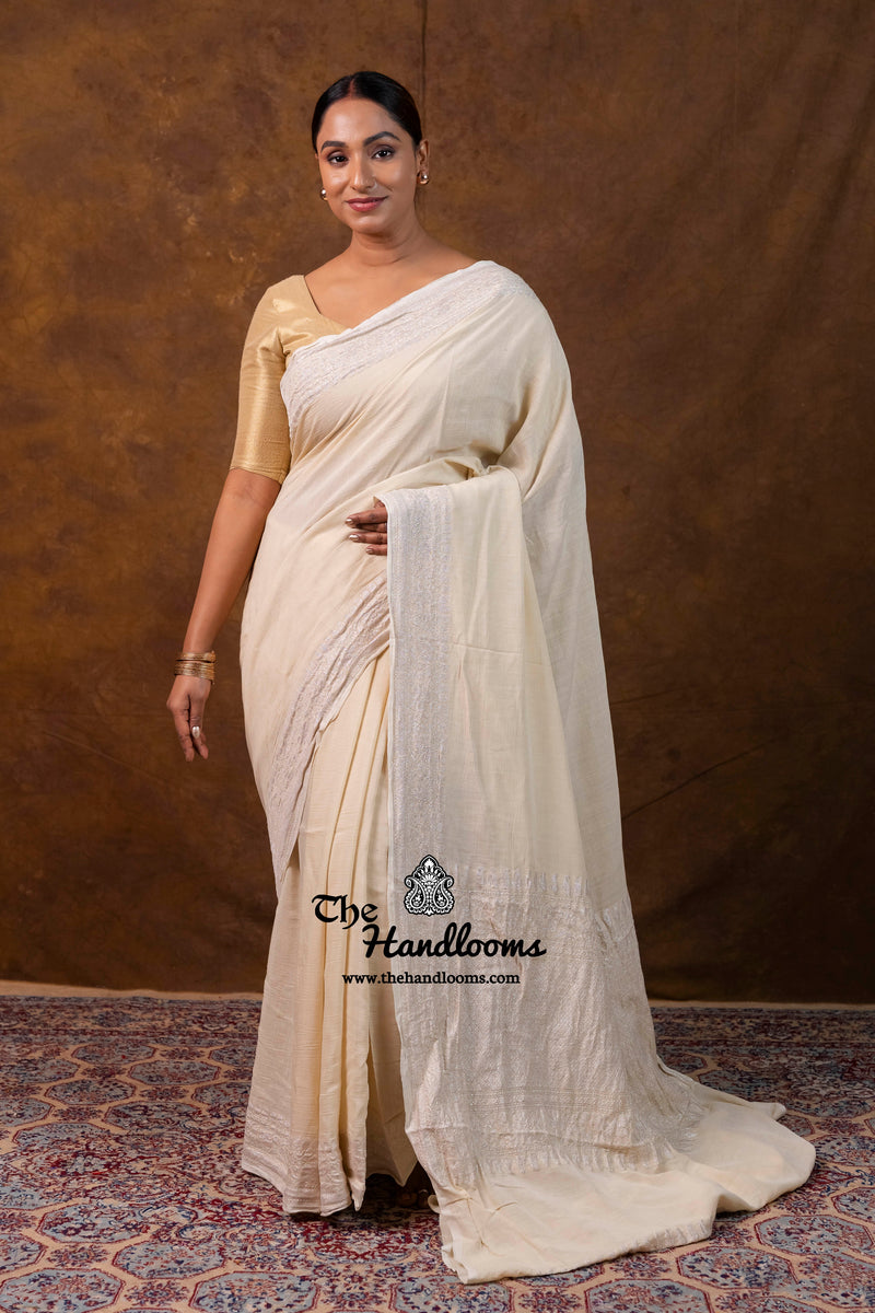 White Pure Moonga Georgette Handloom Banarasi Saree