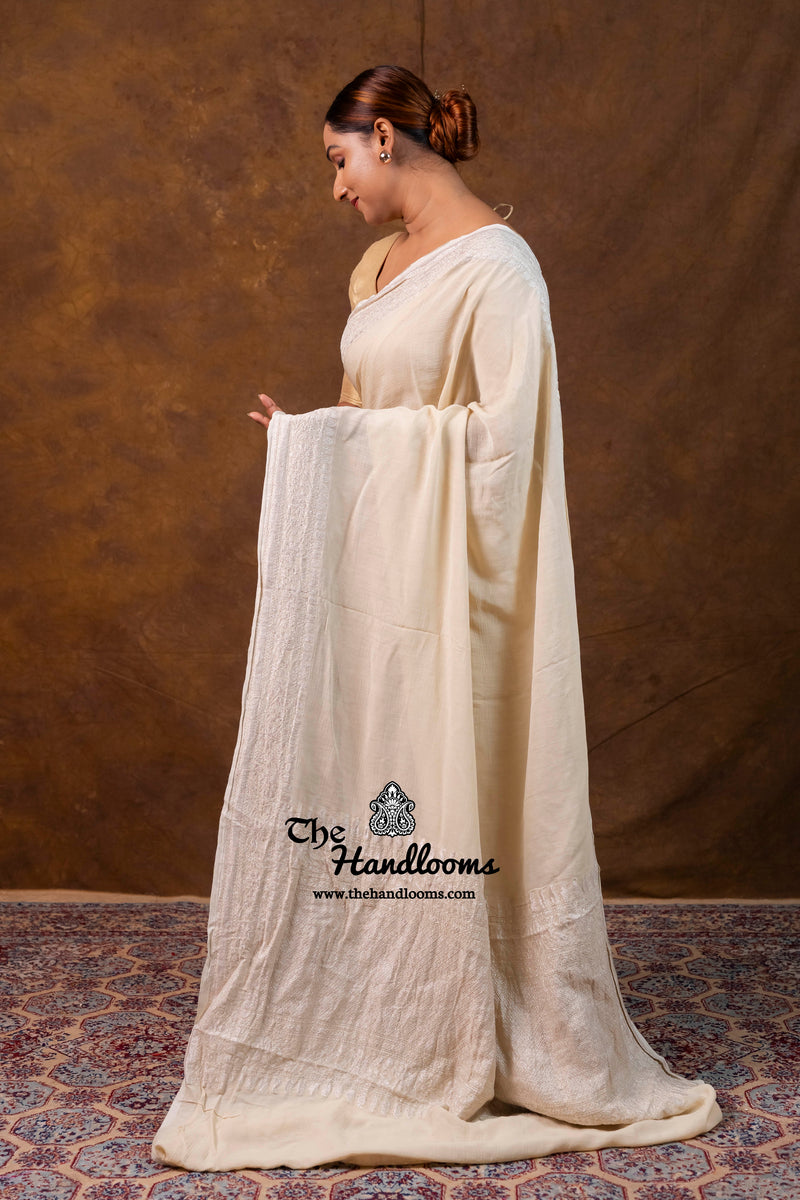 White Pure Moonga Georgette Handloom Banarasi Saree