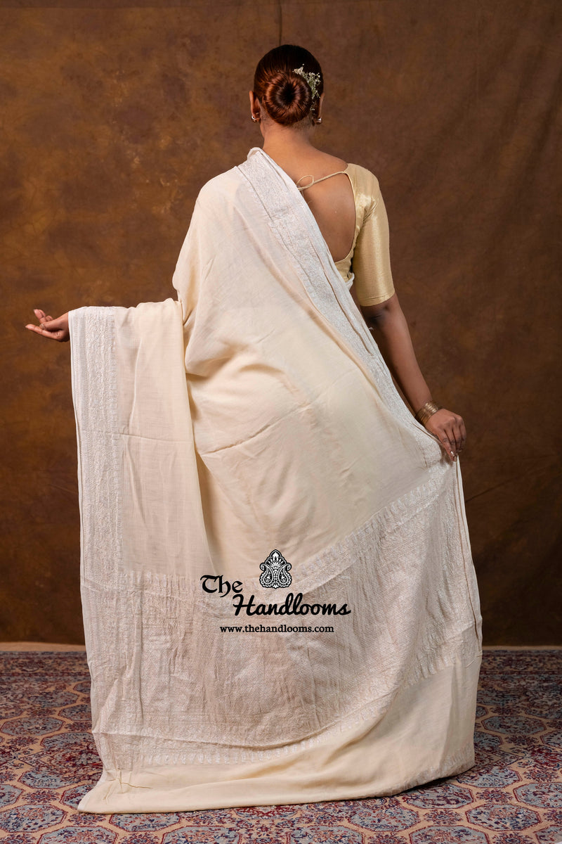 White Pure Moonga Georgette Handloom Banarasi Saree