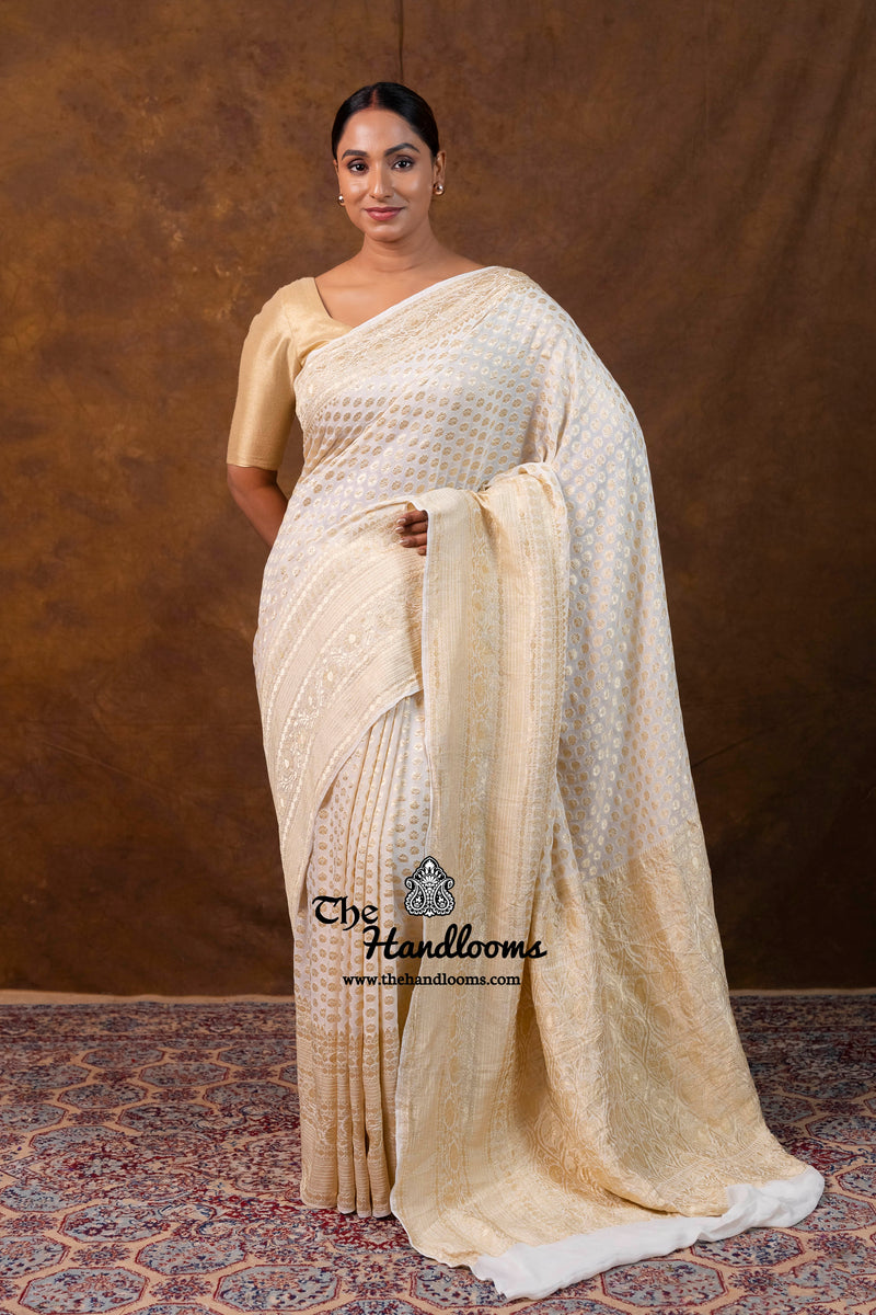White Khaddi Georgette Handloom Banarasi Saree - Water Zari