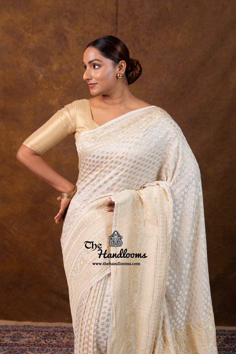 White Khaddi Georgette Handloom Banarasi Saree - Water Zari