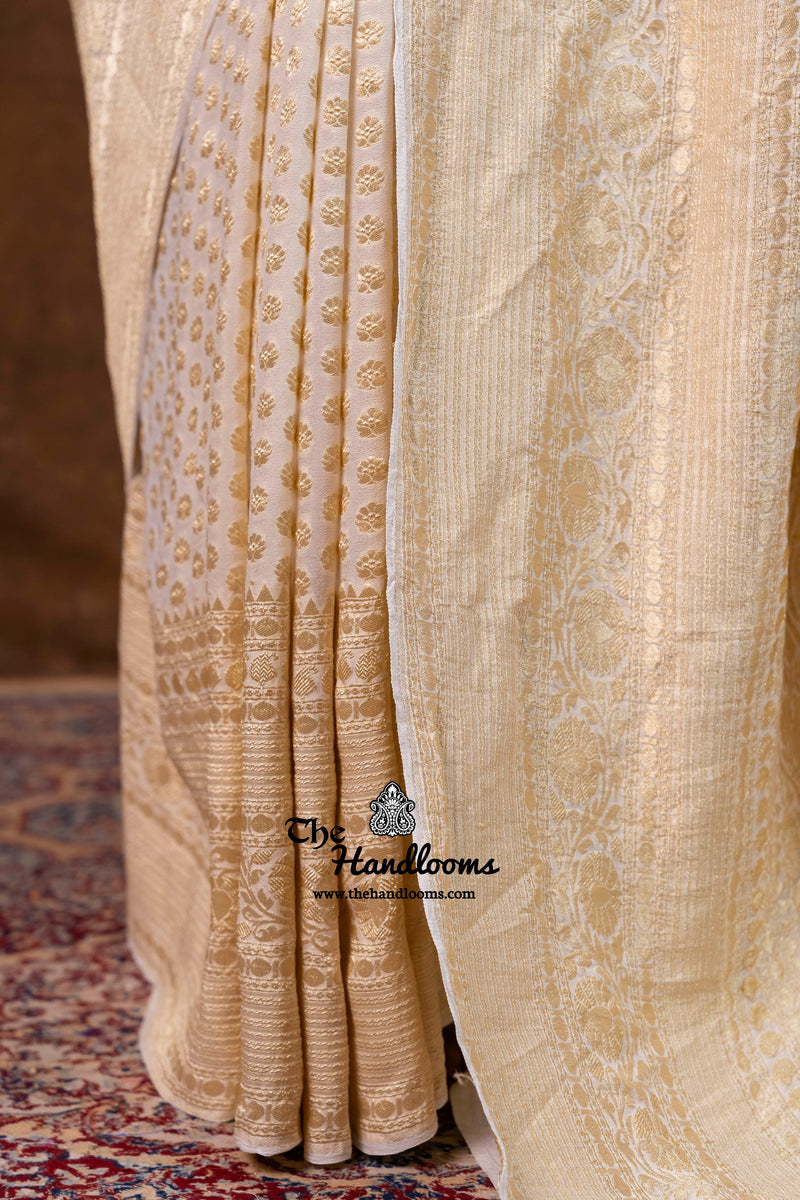 White Khaddi Georgette Handloom Banarasi Saree - Water Zari