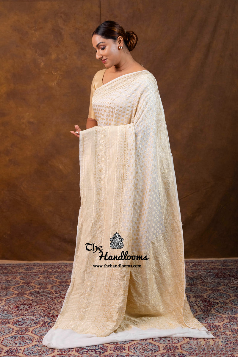 White Khaddi Georgette Handloom Banarasi Saree - Water Zari