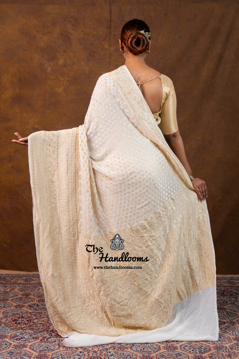White Khaddi Georgette Handloom Banarasi Saree - Water Zari