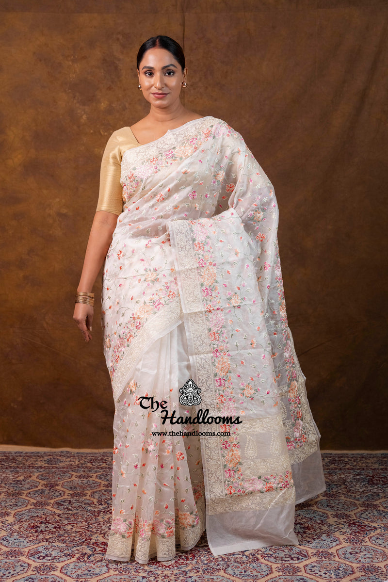 White Pure Organza Chikankari Handloom Banarasi Saree