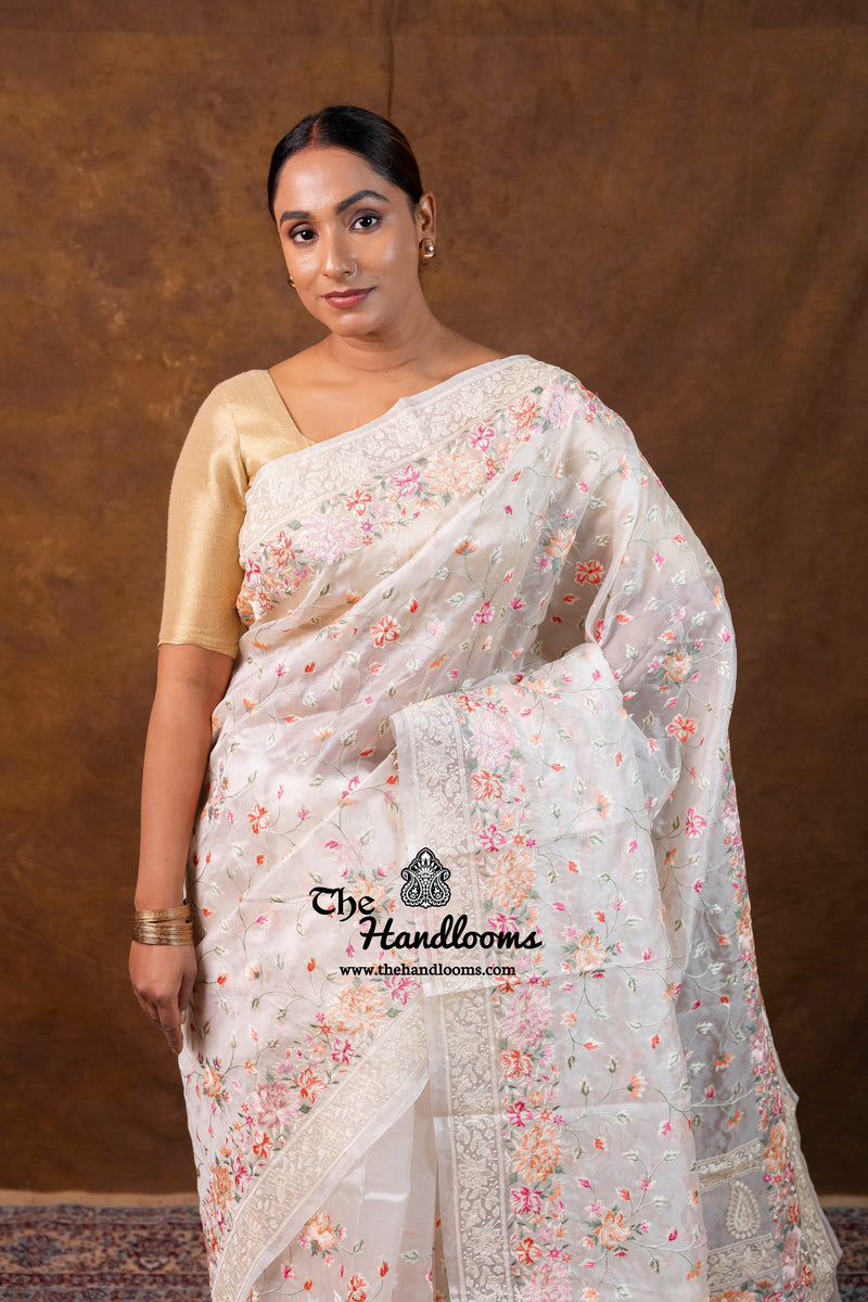 White Pure Organza Chikankari Handloom Banarasi Saree