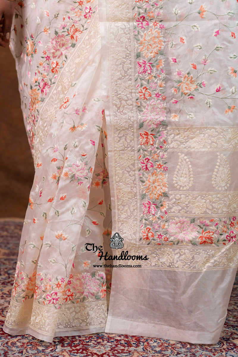 White Pure Organza Chikankari Handloom Banarasi Saree