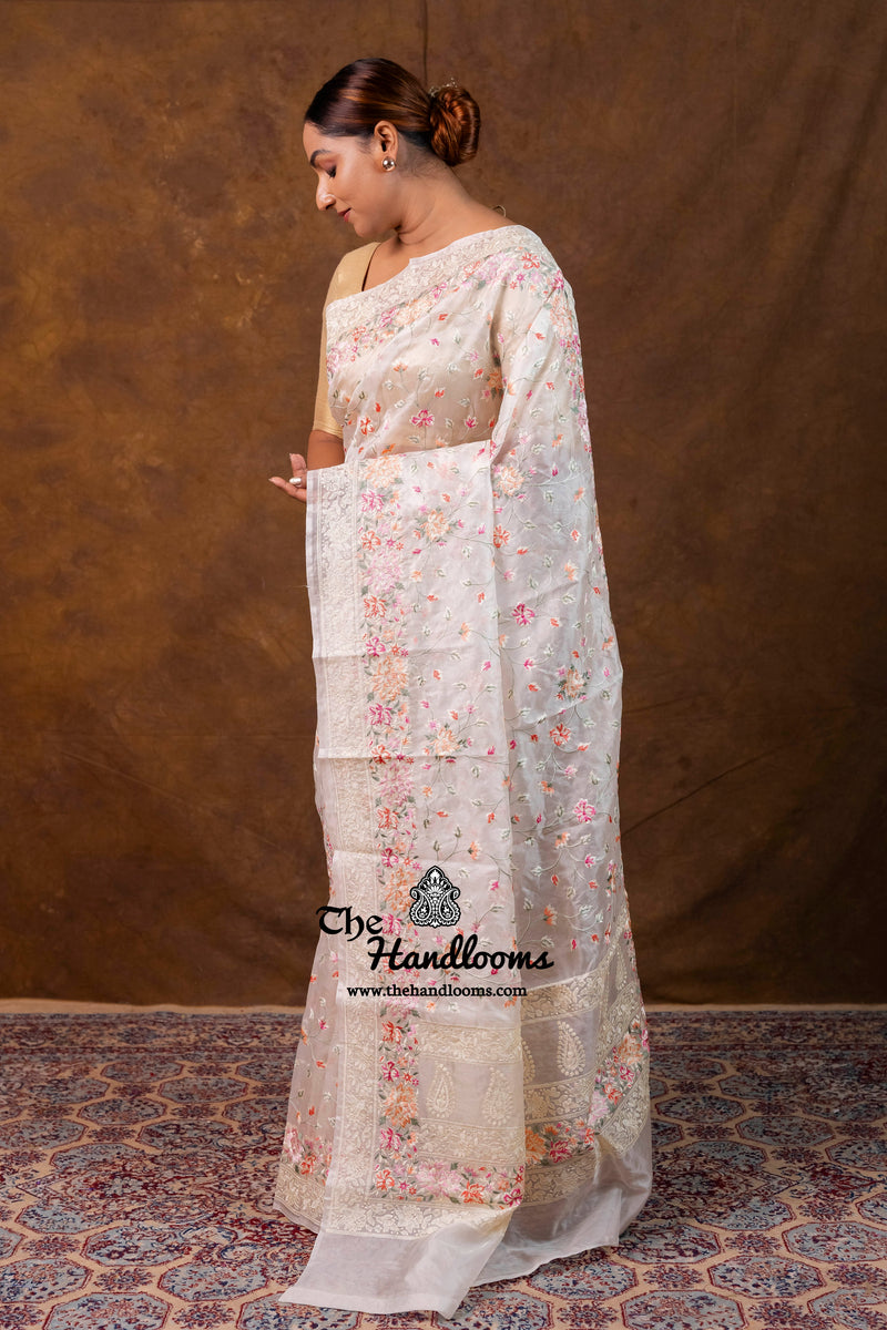 White Pure Organza Chikankari Handloom Banarasi Saree