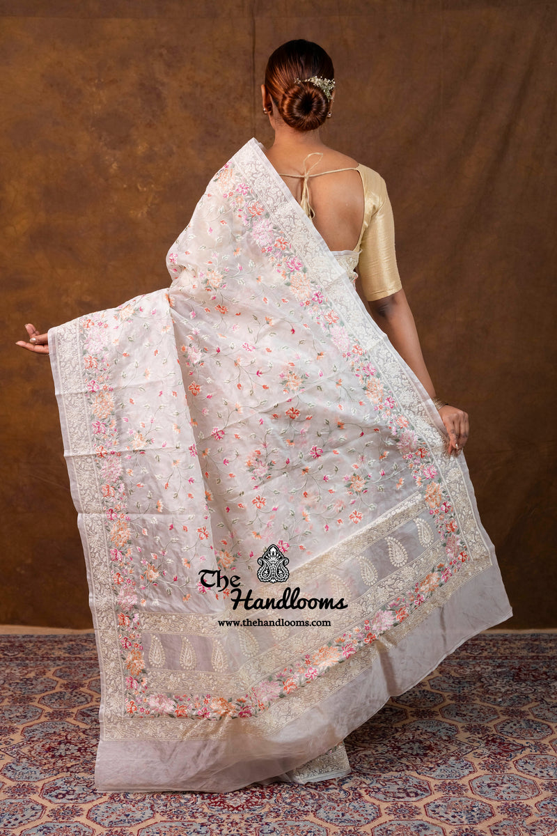 White Pure Organza Chikankari Handloom Banarasi Saree