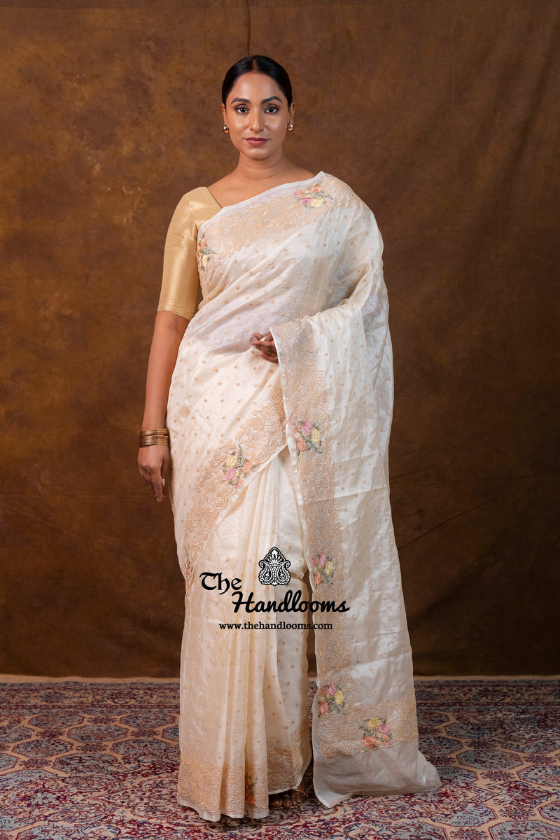Tussar Silk Handloom Banarasi Saree With Chikankari