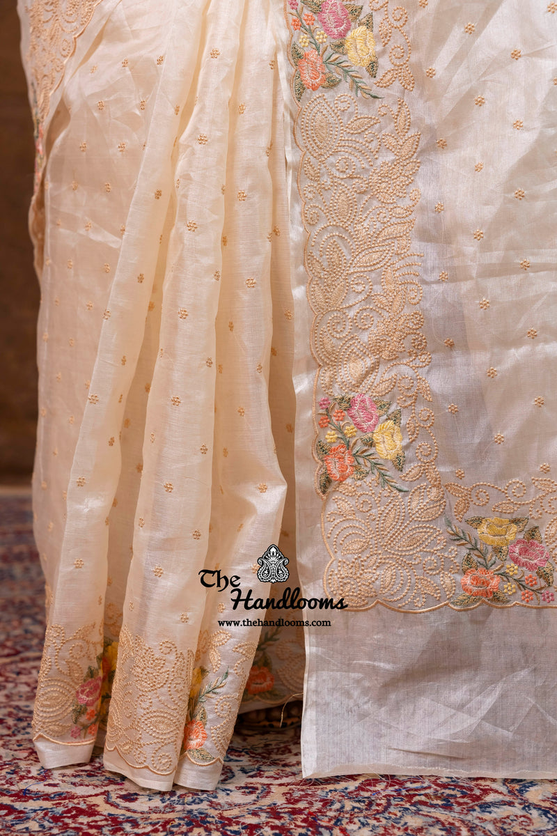 Tussar Silk Handloom Banarasi Saree With Chikankari
