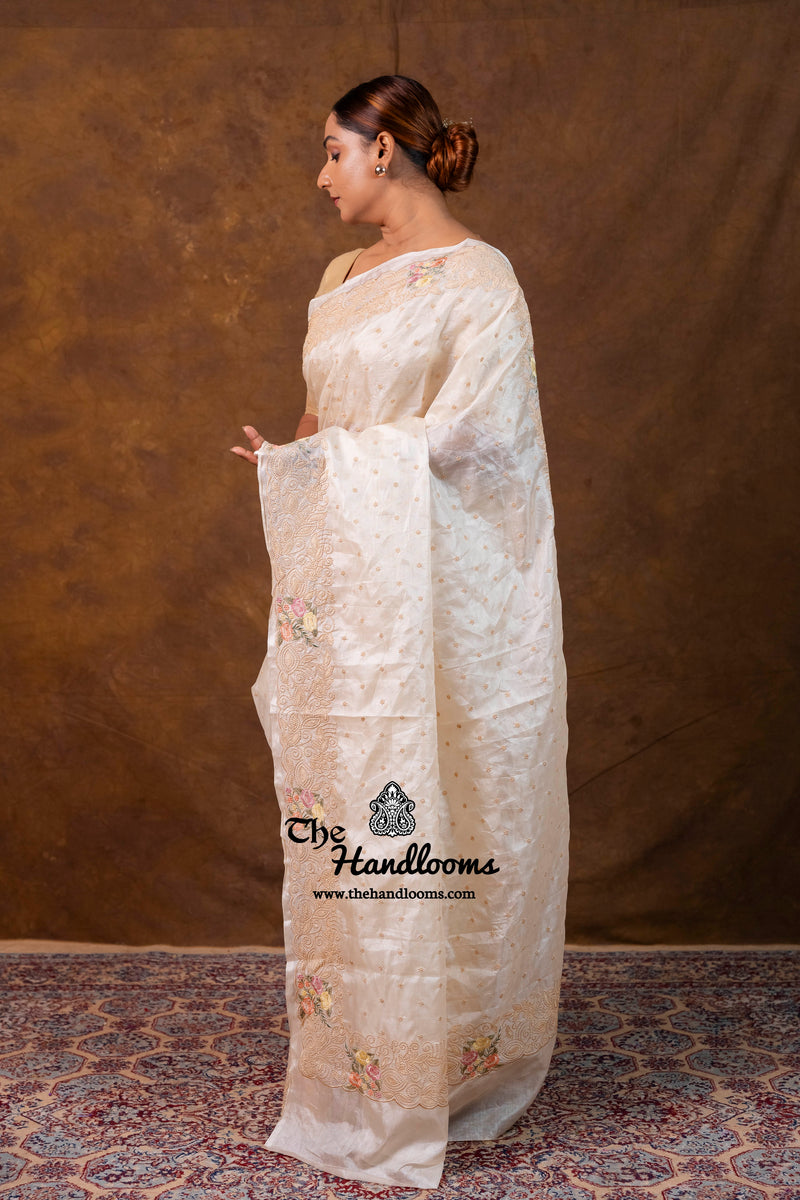 Tussar Silk Handloom Banarasi Saree With Chikankari