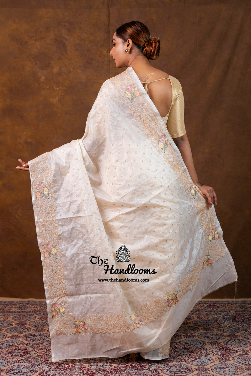 Tussar Silk Handloom Banarasi Saree With Chikankari