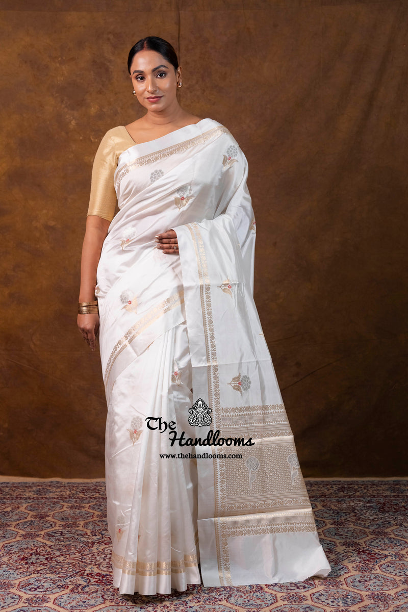 White Pure Mango Silk Banarasi Handloom Saree