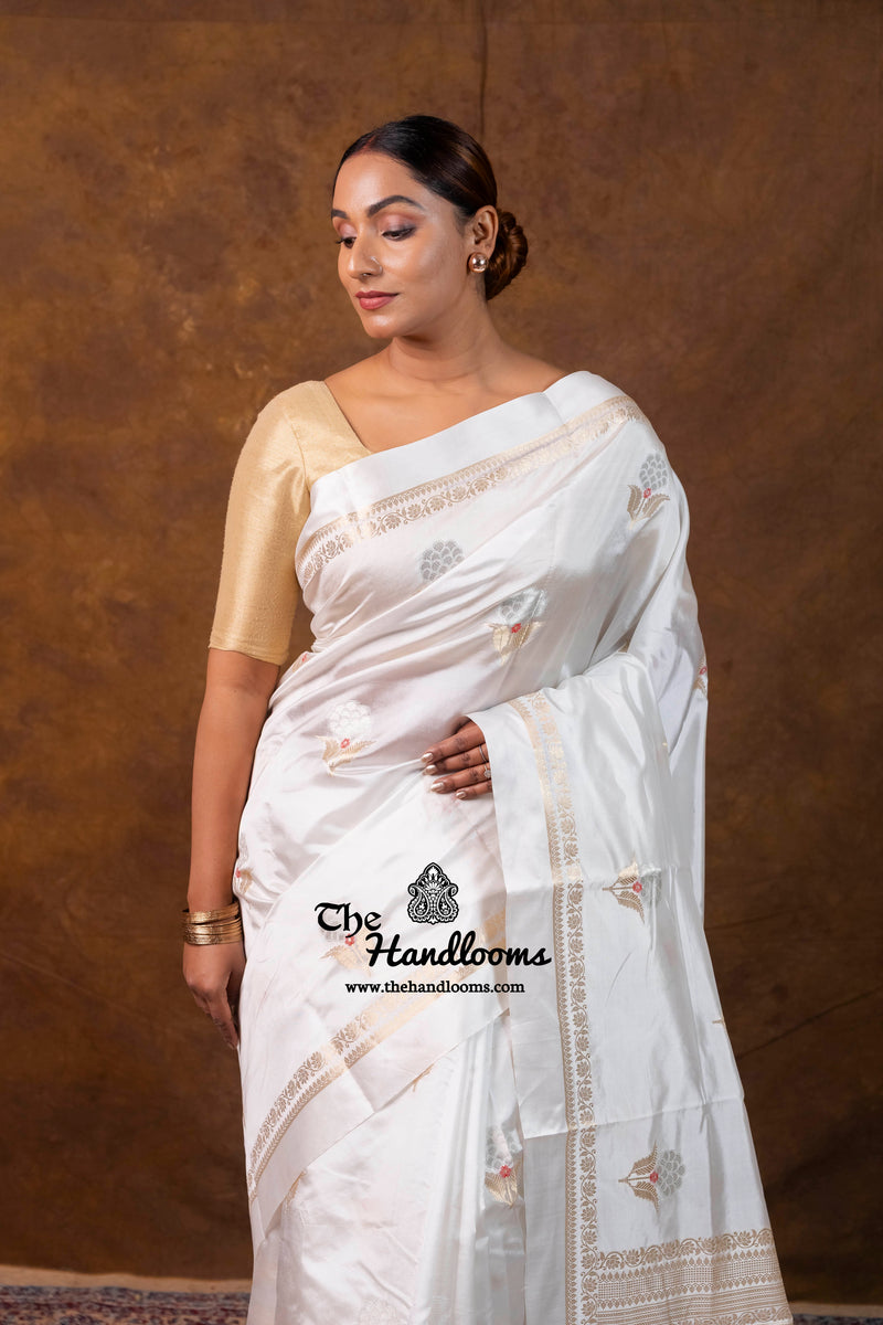 White Pure Mango Silk Banarasi Handloom Saree