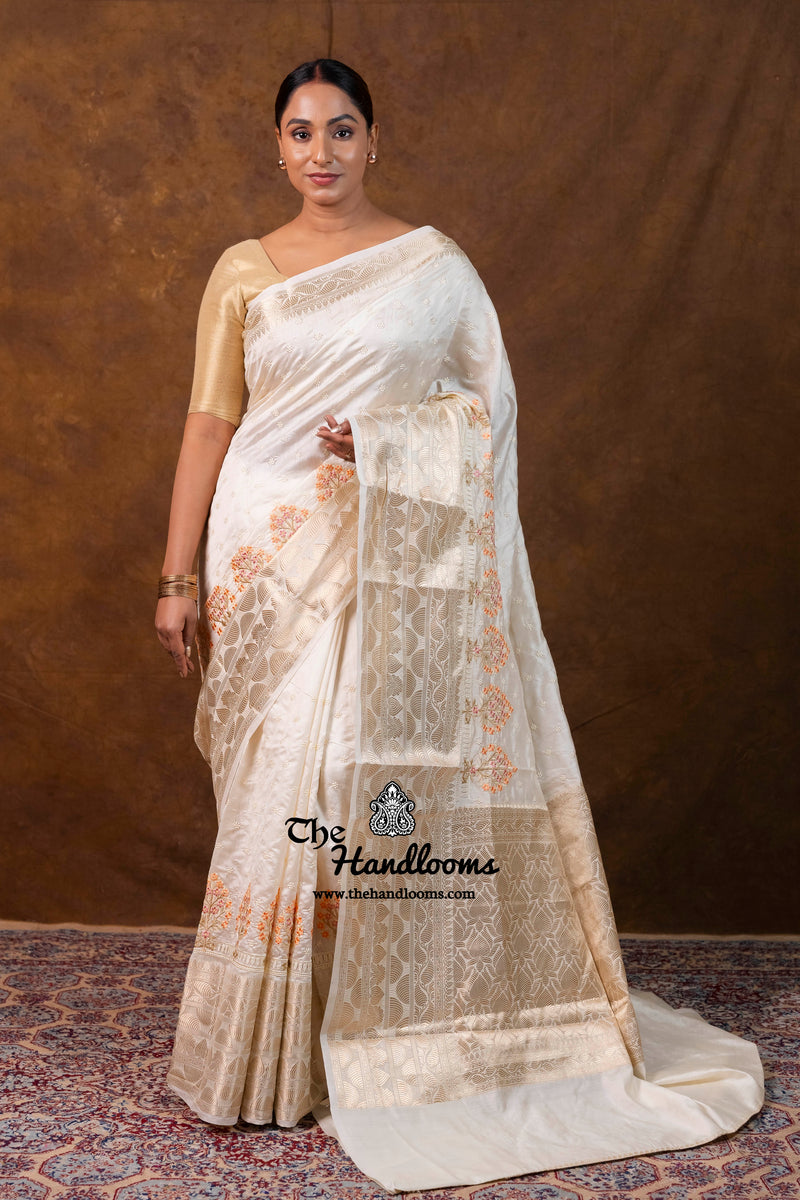 White Pure Chiniya Silk Handloom Banarasi Saree with Chikankari