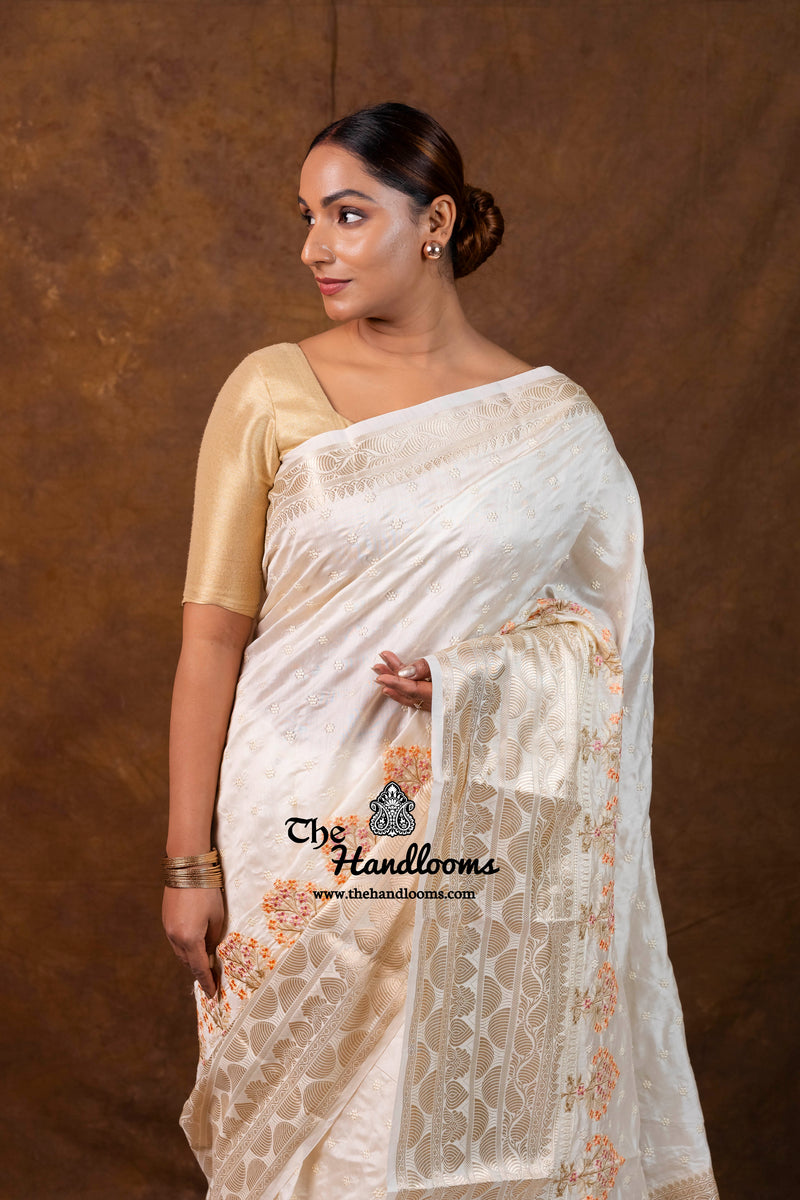 White Pure Chiniya Silk Handloom Banarasi Saree with Chikankari