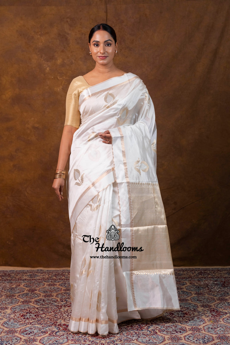 White Pure Mango Silk Banarasi Handloom Saree