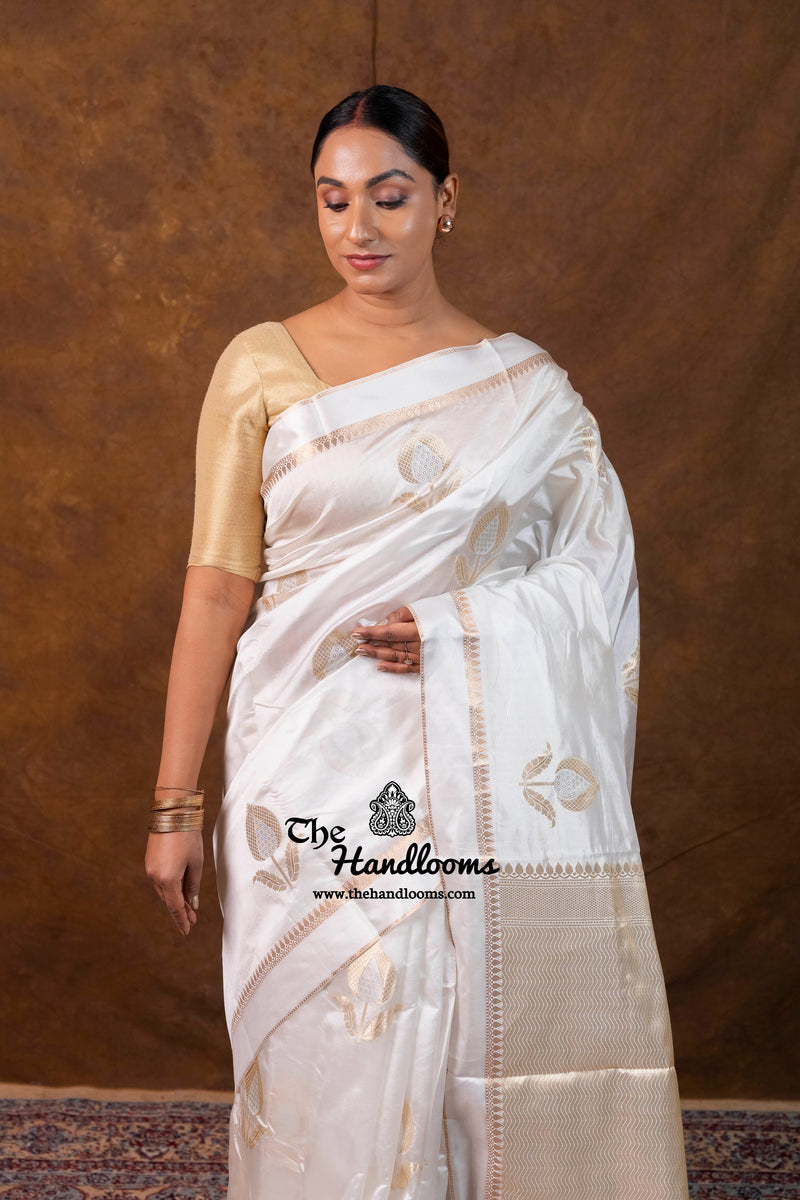 White Pure Mango Silk Banarasi Handloom Saree