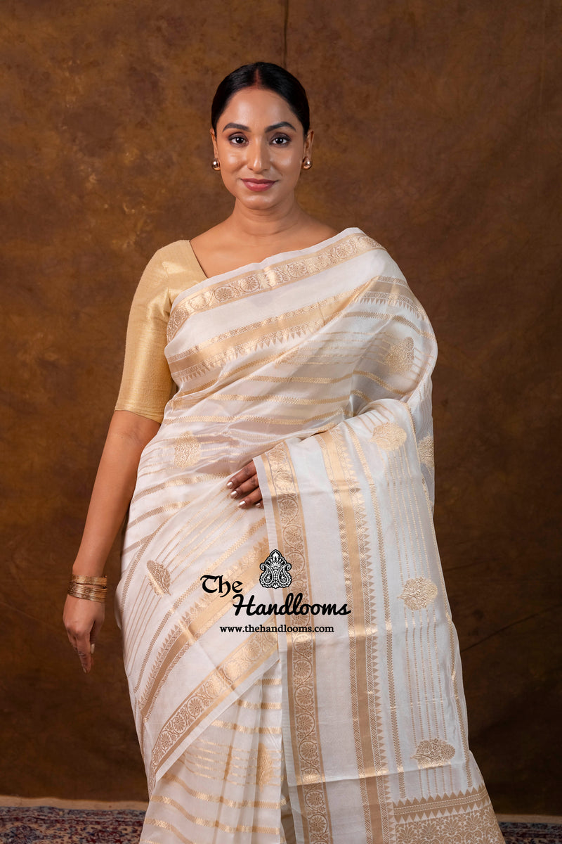 White Pure Kora Silk Handloom Banarasi Saree