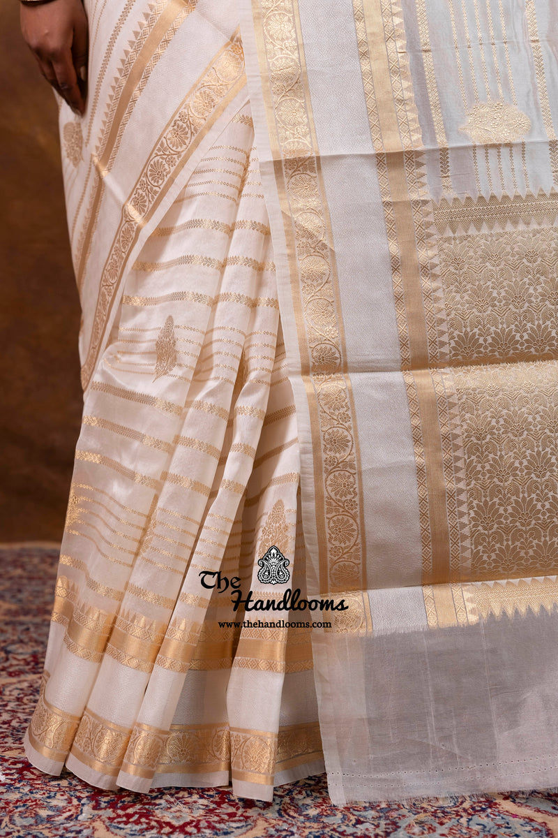 White Pure Kora Silk Handloom Banarasi Saree