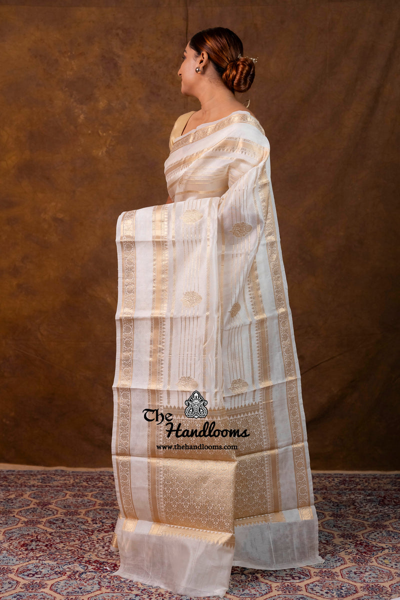 White Pure Kora Silk Handloom Banarasi Saree