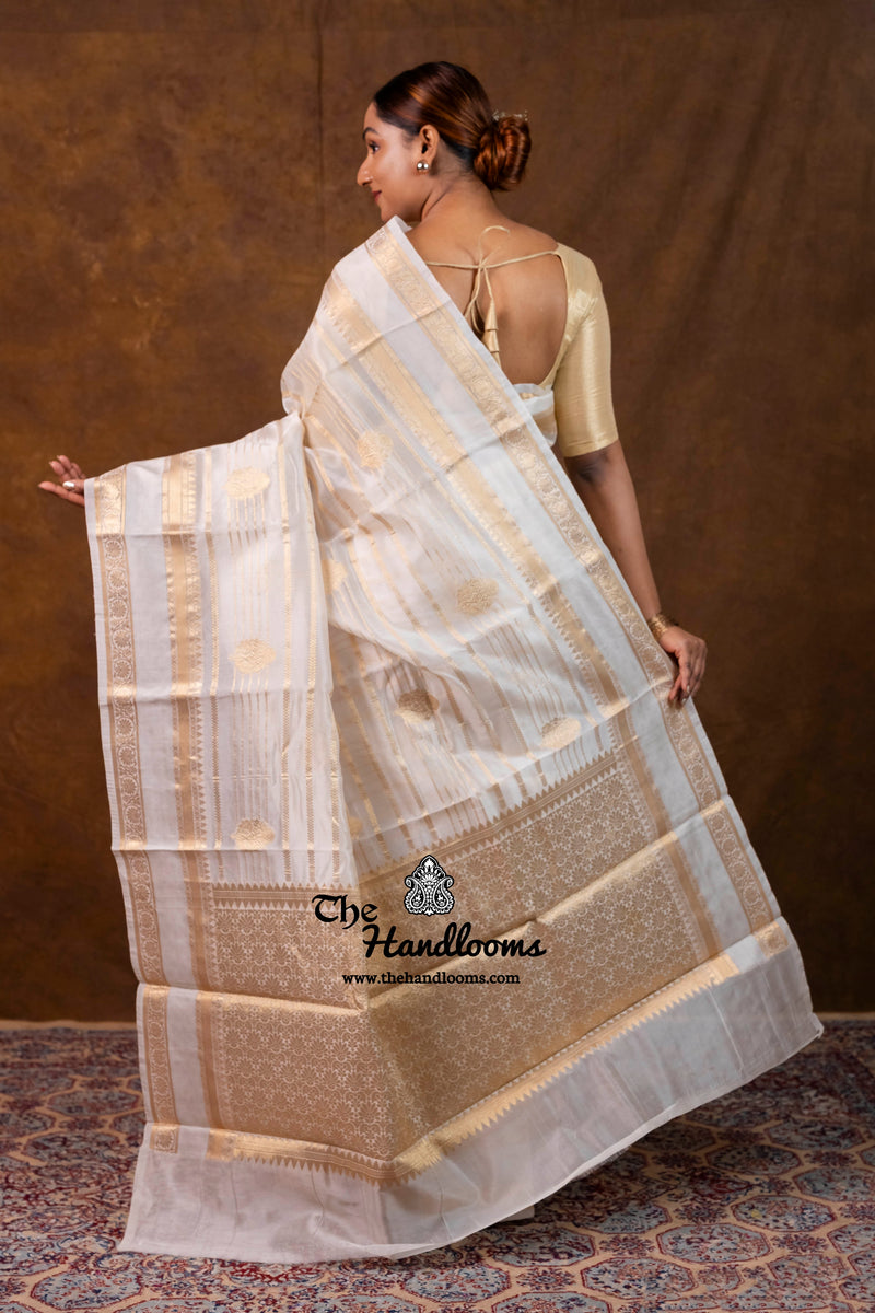 White Pure Kora Silk Handloom Banarasi Saree