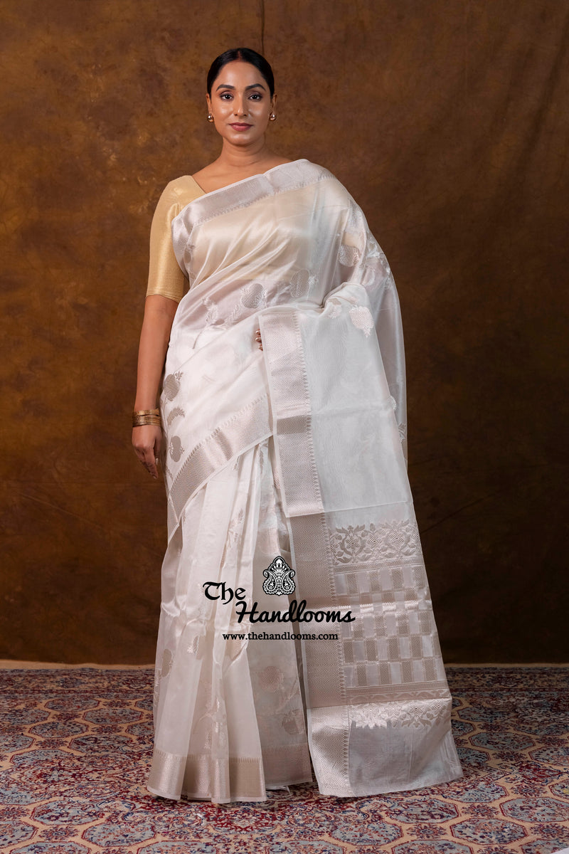 White Pure Kora Silk Handloom Banarasi Saree