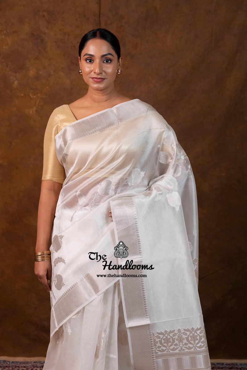 White Pure Kora Silk Handloom Banarasi Saree