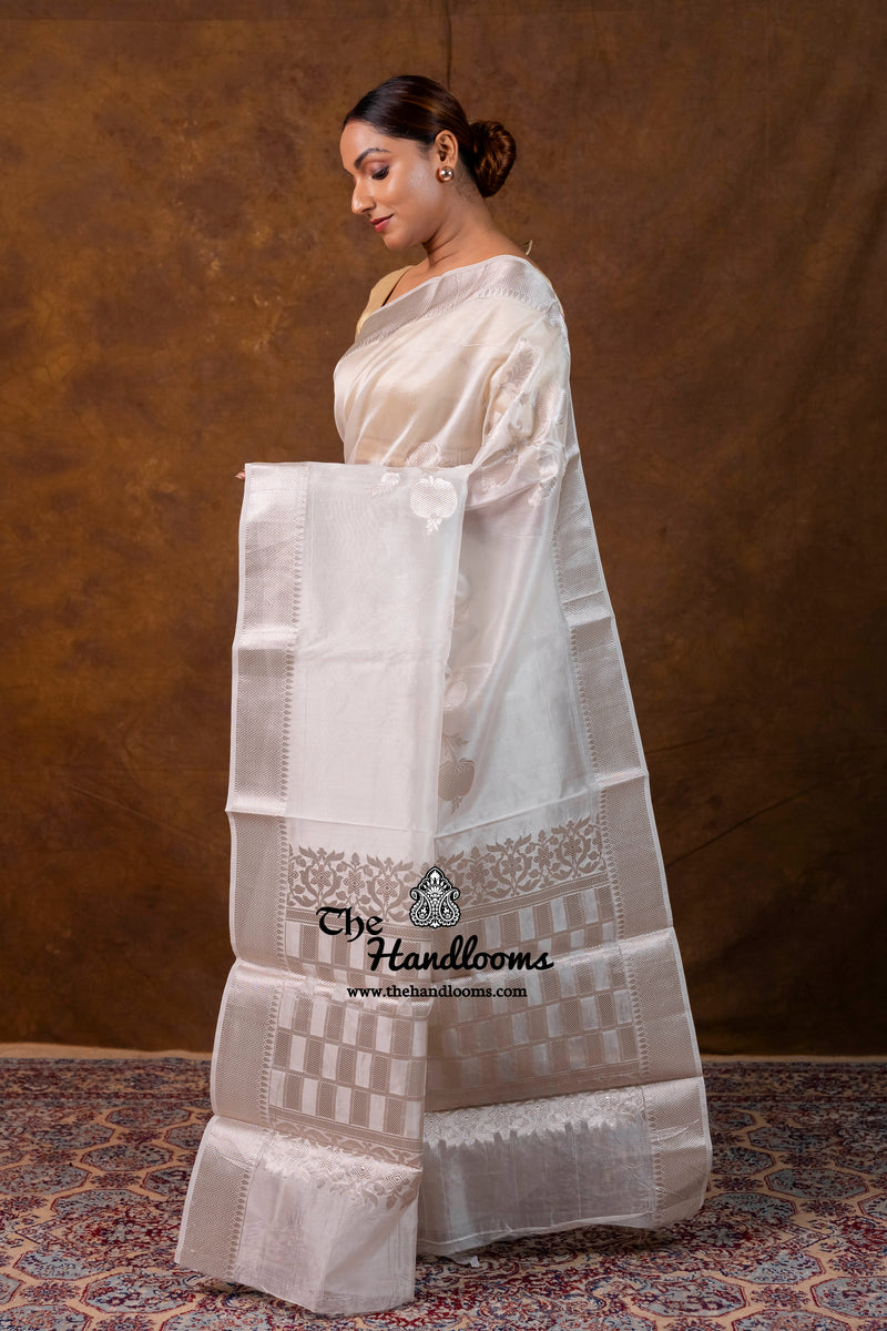 White Pure Kora Silk Handloom Banarasi Saree