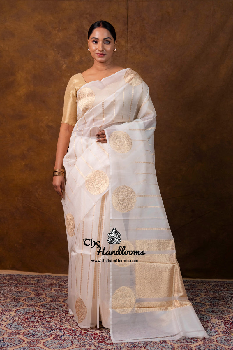 White Pure Kora Silk Handloom Banarasi Saree