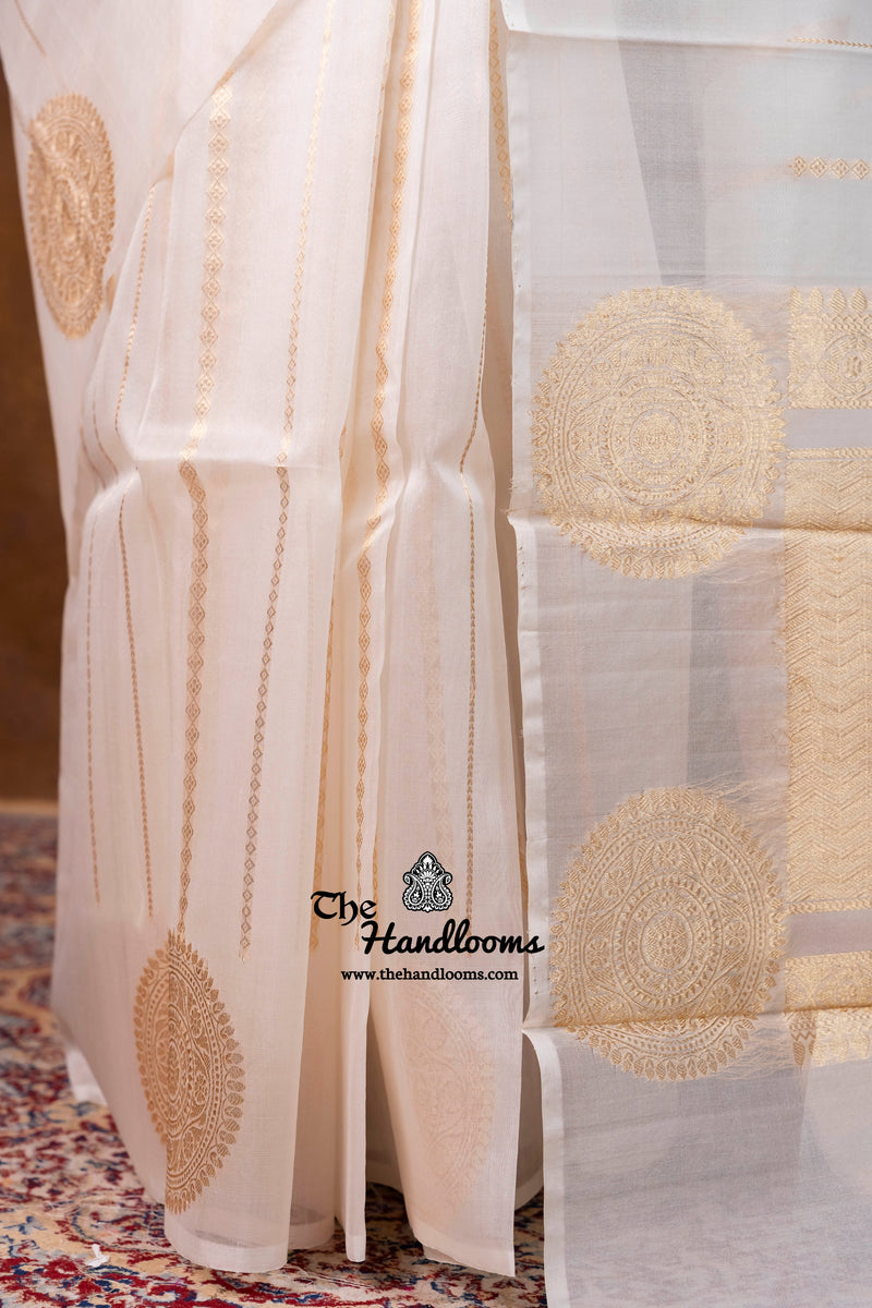 White Pure Kora Silk Handloom Banarasi Saree