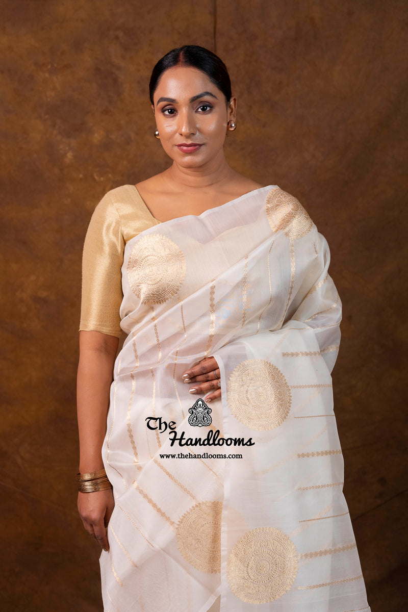 White Pure Kora Silk Handloom Banarasi Saree