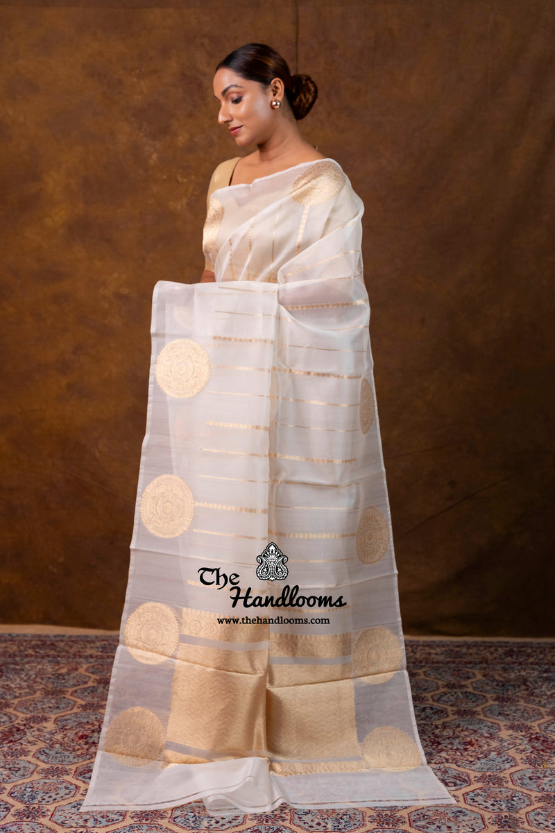 White Pure Kora Silk Handloom Banarasi Saree