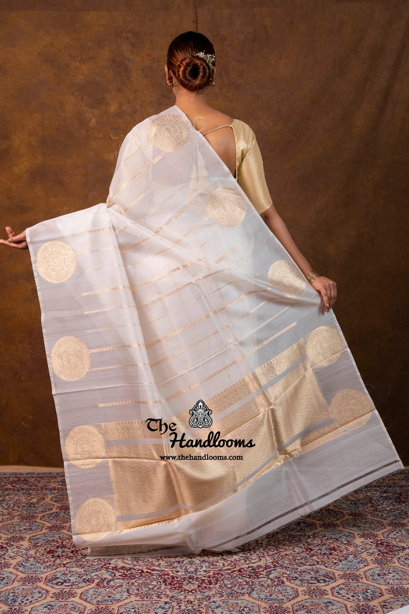 White Pure Kora Silk Handloom Banarasi Saree