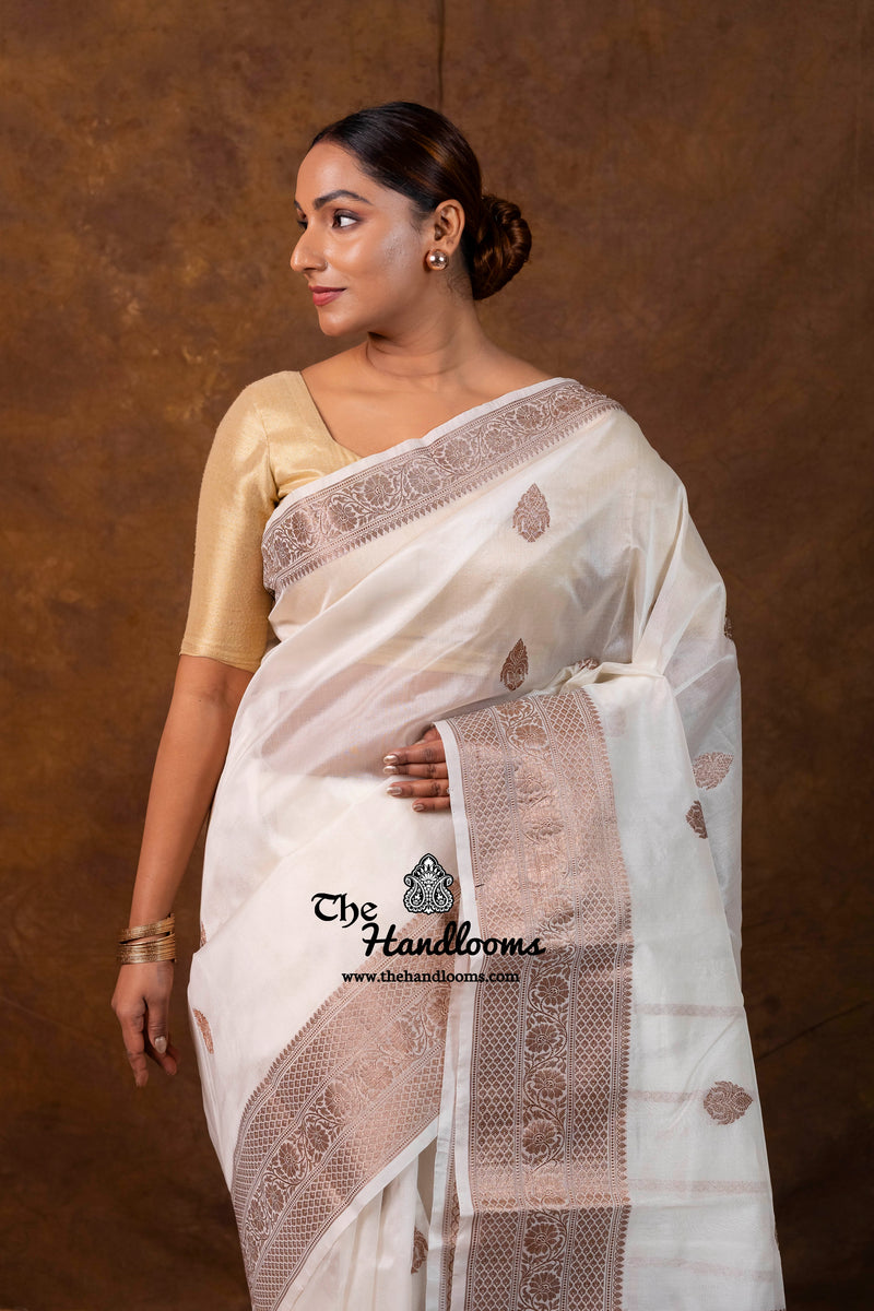 White Pure Kora Silk Handloom Banarasi Saree