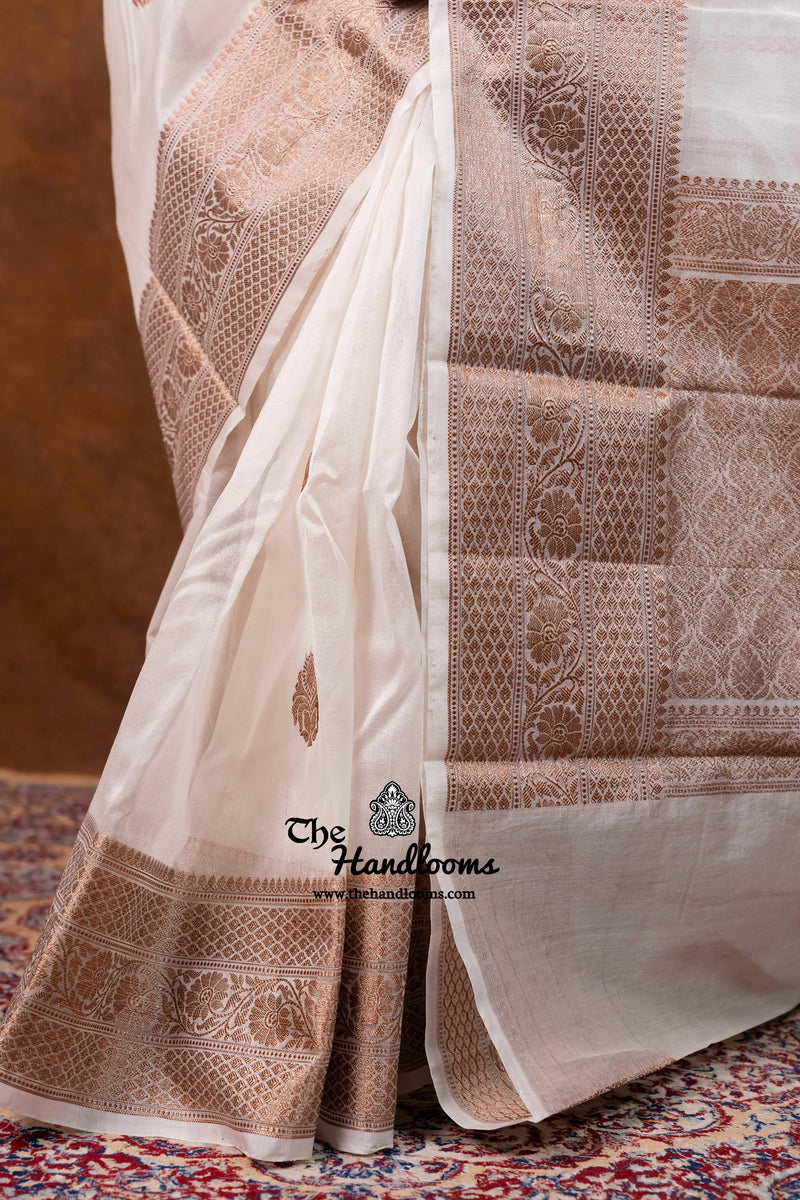 White Pure Kora Silk Handloom Banarasi Saree