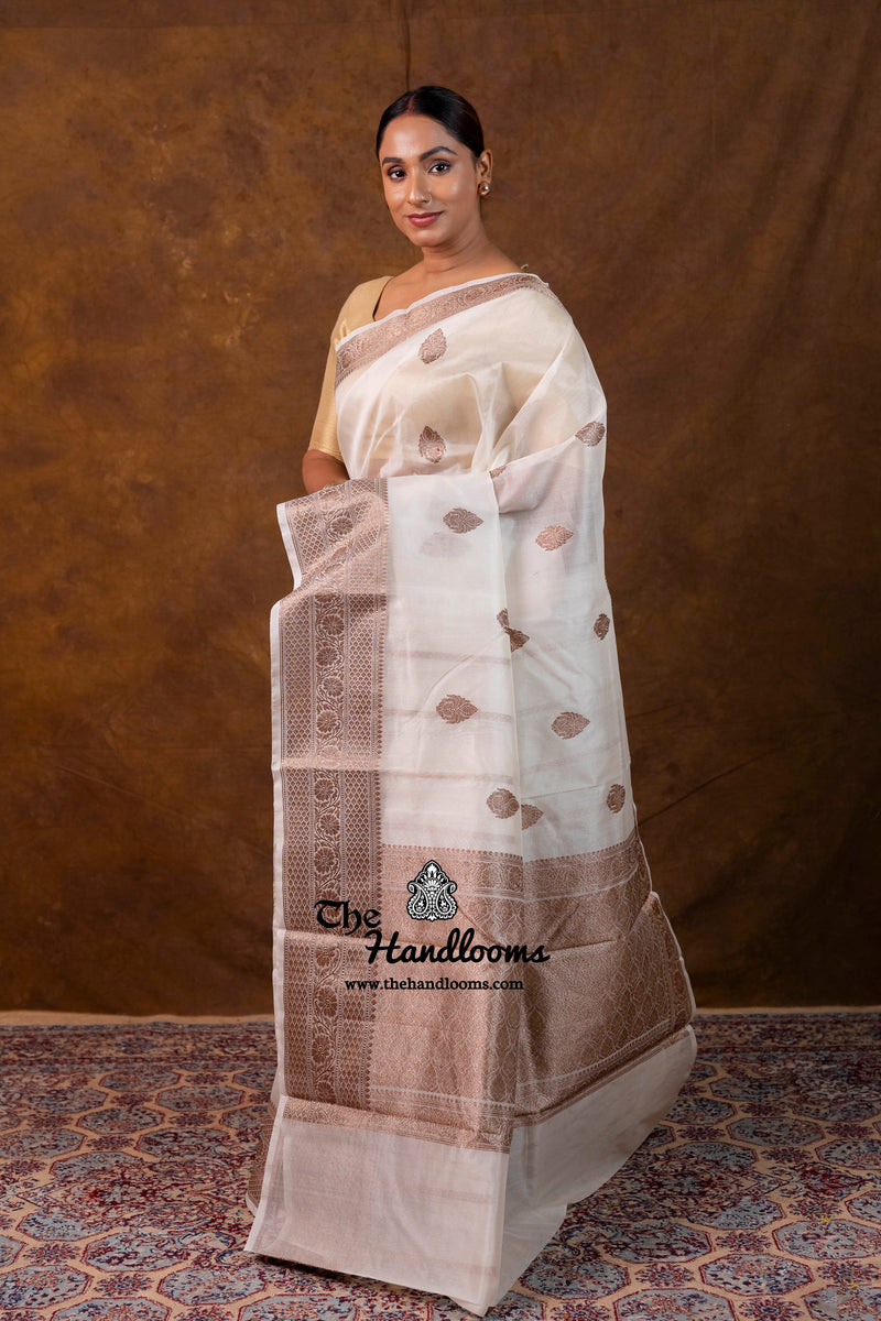 White Pure Kora Silk Handloom Banarasi Saree