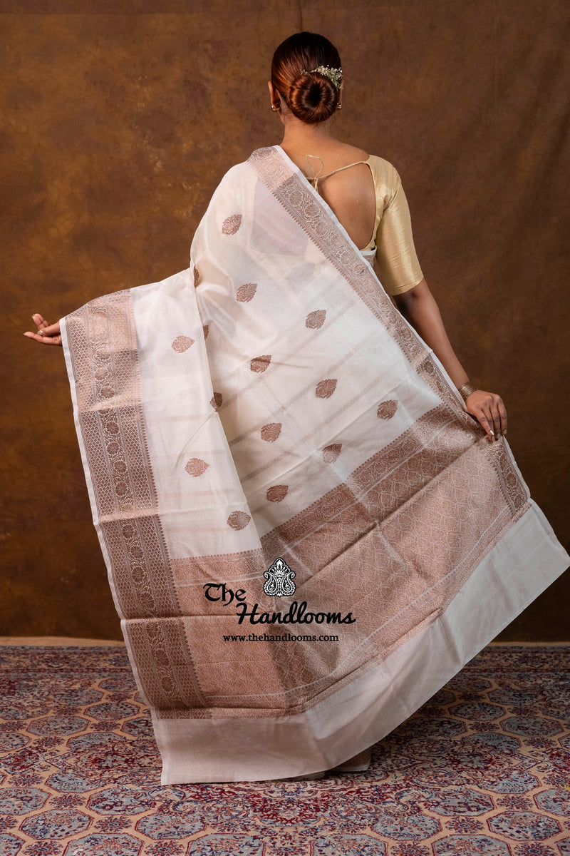White Pure Kora Silk Handloom Banarasi Saree