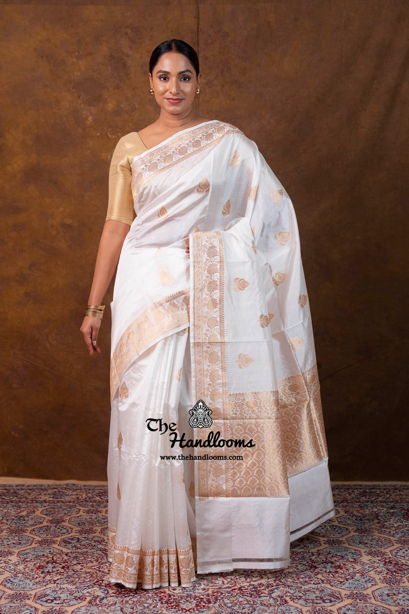 White Pure Katan Silk Banarasi Handloom Saree - All Over Kadua Boota