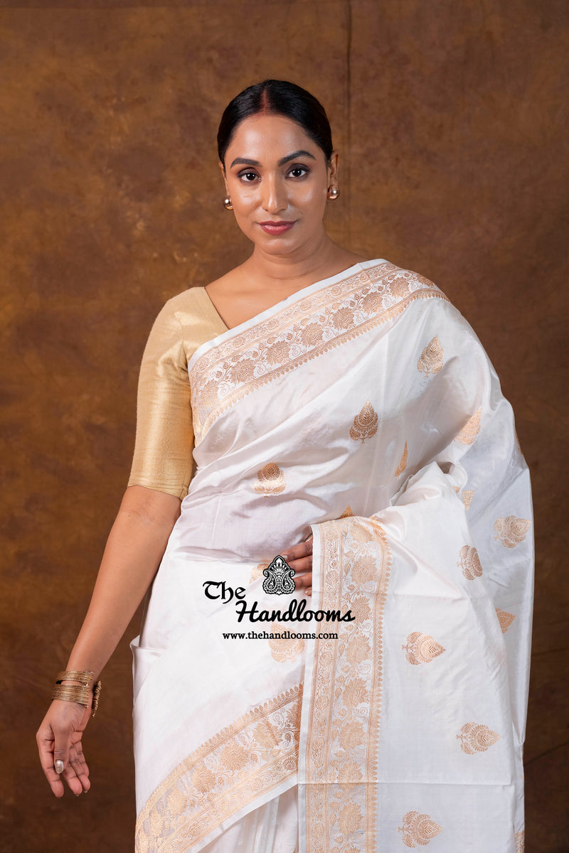 White Pure Katan Silk Banarasi Handloom Saree - All Over Kadua Boota