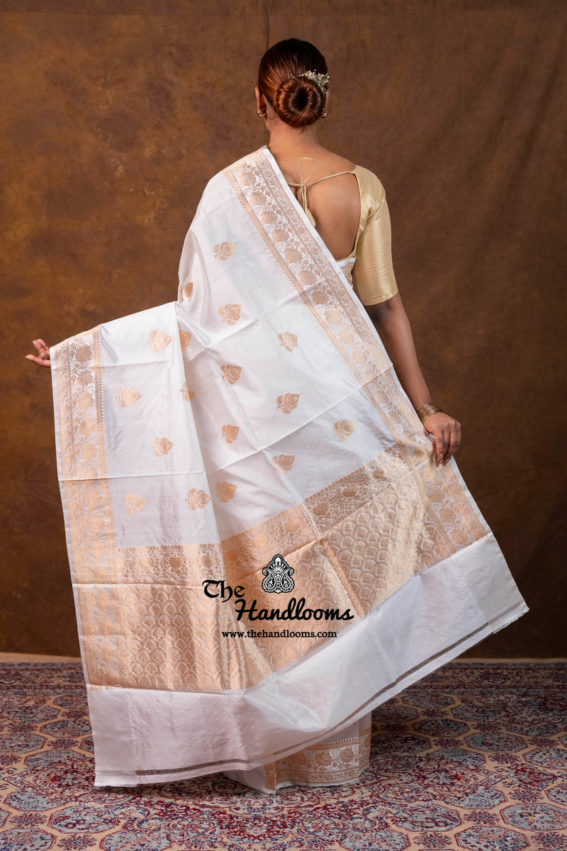 White Pure Katan Silk Banarasi Handloom Saree - All Over Kadua Boota