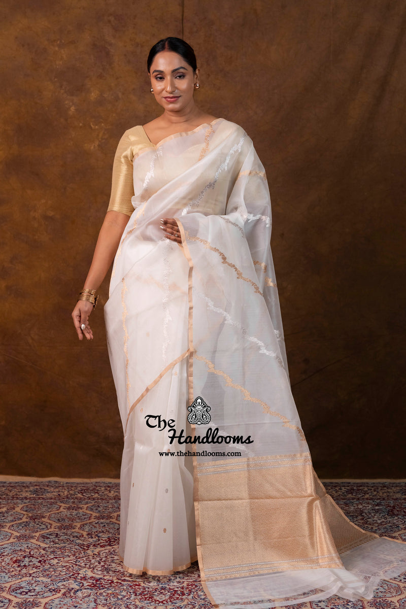 White Pure Kora Silk Handloom Banarasi Saree